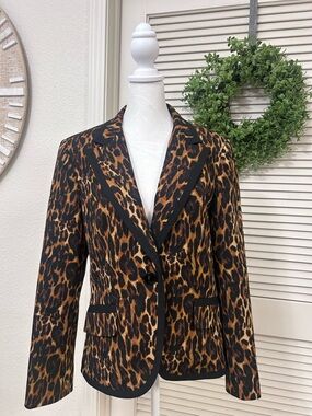 Leopard Print Blazer Jacket - Black & Brown Trim